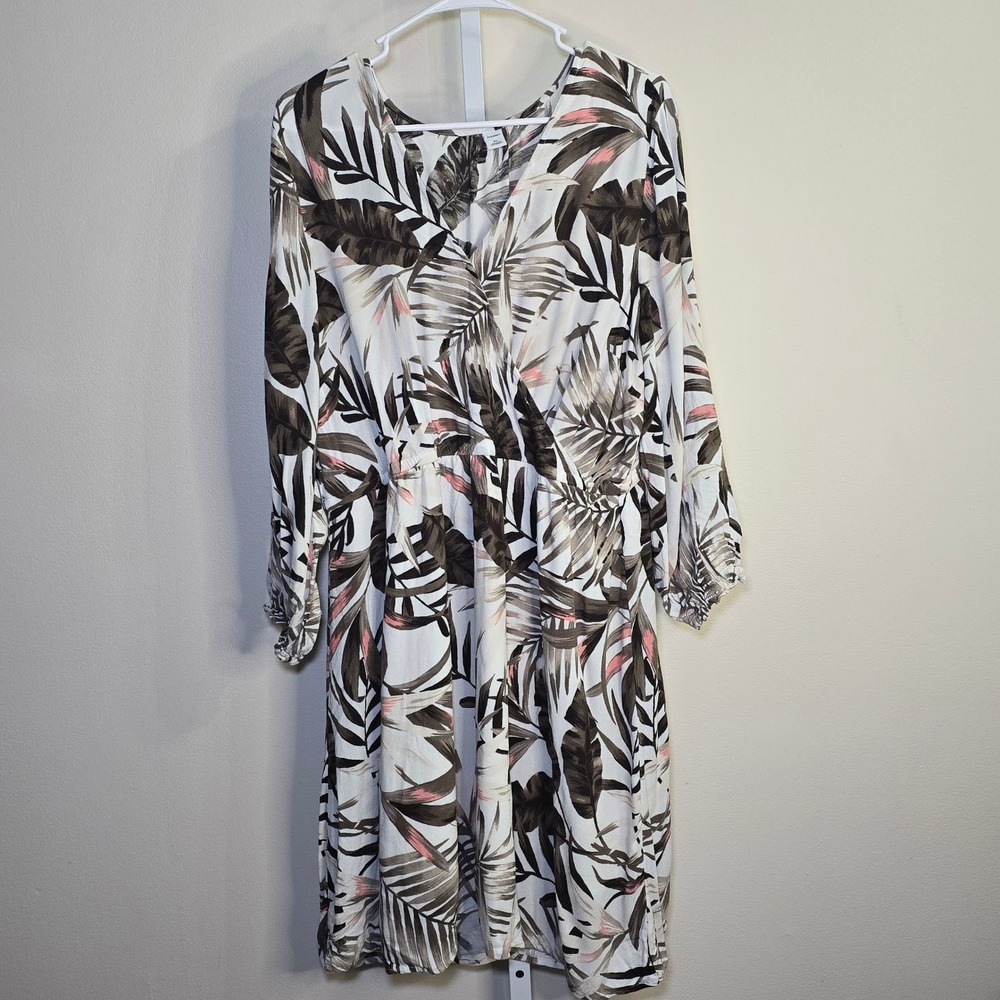 Old Navy Palm Leaf Print Dress Long Sleeve Casual Pink Brown & White ladies‎ XL